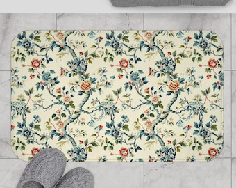 Alfombra de baño floral estilo chinoiserie / Alfombra de baño botánica vintage / Alfombra de baño floral estilo campestre francés / Alfombra de baño de espuma viscoelástica