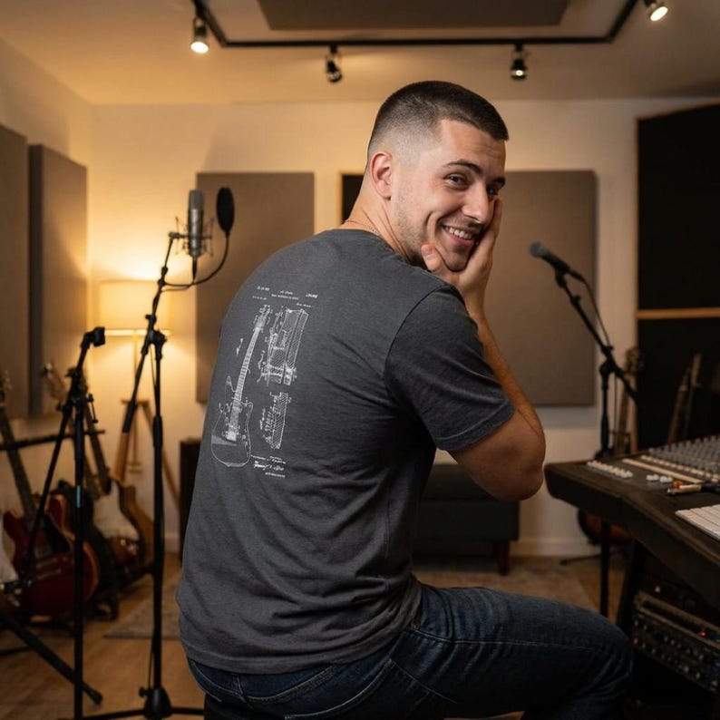 T-shirt with a vintage guitar blueprint patent drawing in a Fender-style diagram.