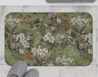 Floral Bath Mat, Soft Green Bathroom Decor, Vintage Floral Rug