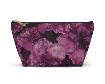 Cosmetic Bag Burgundy Peony, Travel Makeup Case, Vintage Floral Pouch