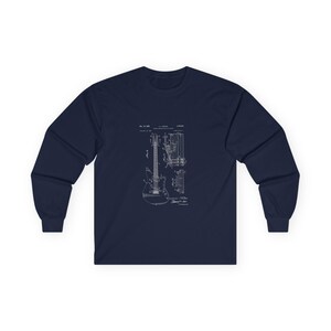 Unisex vintage guitar patent long sleeve tee with electric guitar blueprint in Fender-style patent art.