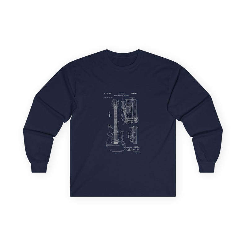 Unisex vintage guitar patent long sleeve tee with electric guitar blueprint in Fender-style patent art.