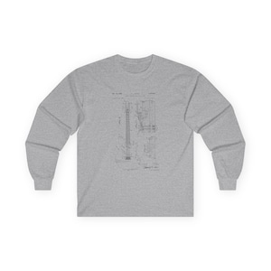 Unisex vintage guitar patent long sleeve tee with electric guitar blueprint in Fender-style patent art.