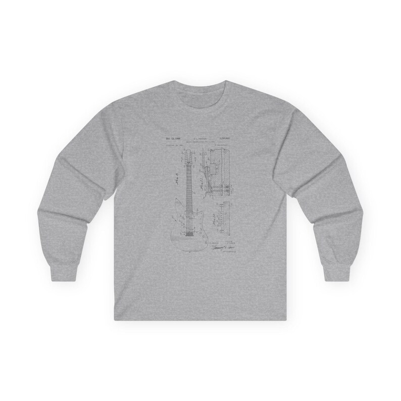 Unisex vintage guitar patent long sleeve tee with electric guitar blueprint in Fender-style patent art.