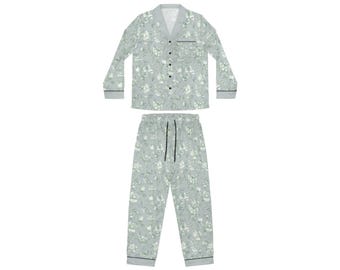 Sage Toile Floral Satin Pajama Set | Women's Sleepwear, Platinum Sage Background