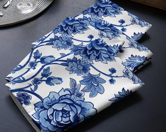 Servilletas de estilo chinoiserie con estampado floral azul (juego de 4) / Mantelería botánica vintage / Servilletas clásicas azules y blancas para la cena
