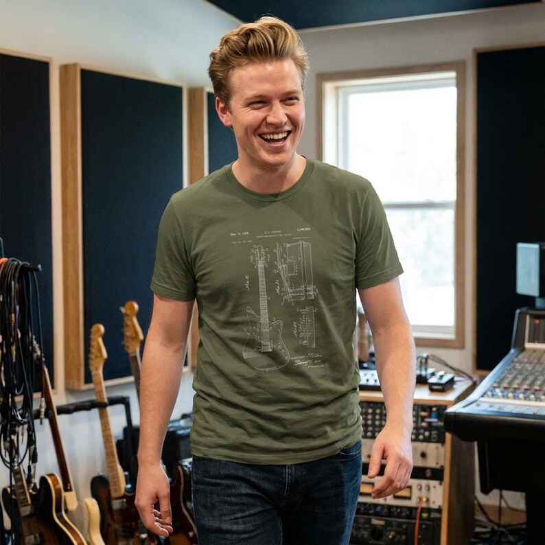 T-shirt with a vintage guitar blueprint patent drawing in a Fender-style diagram.