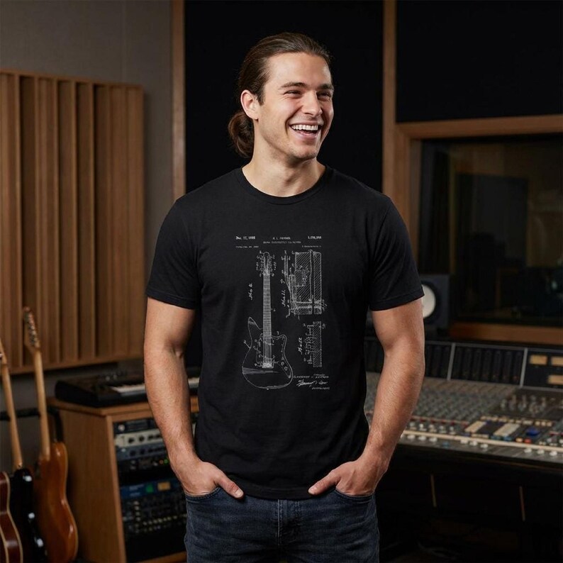 T-shirt with a vintage guitar blueprint patent drawing in a Fender-style diagram.
