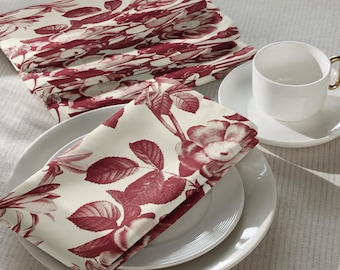 Vintage Rose Toile Cloth Napkins Set of 4, Red Floral Table Napkins, French Country Dining Decor, Romantic Cottage Table Linens