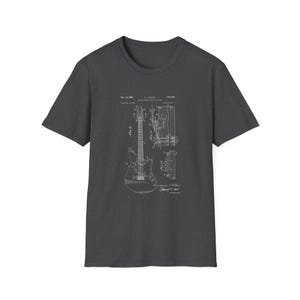 T-shirt with a vintage guitar blueprint patent drawing in a Fender-style diagram.