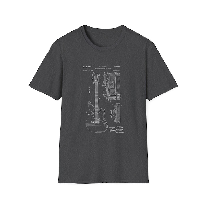 T-shirt with a vintage guitar blueprint patent drawing in a Fender-style diagram.