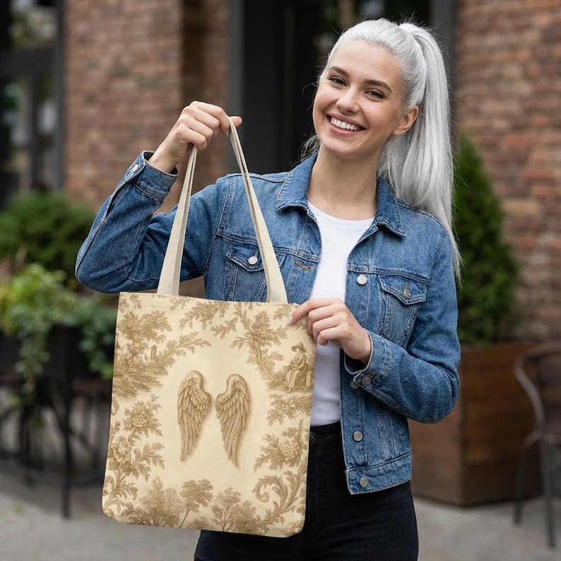 Vintage toile tote bag with angel wings and beige botanical print, rustic French country tote in vintage cottagecore style.