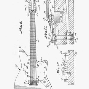 T-shirt with a vintage guitar blueprint patent drawing in a Fender-style diagram.
