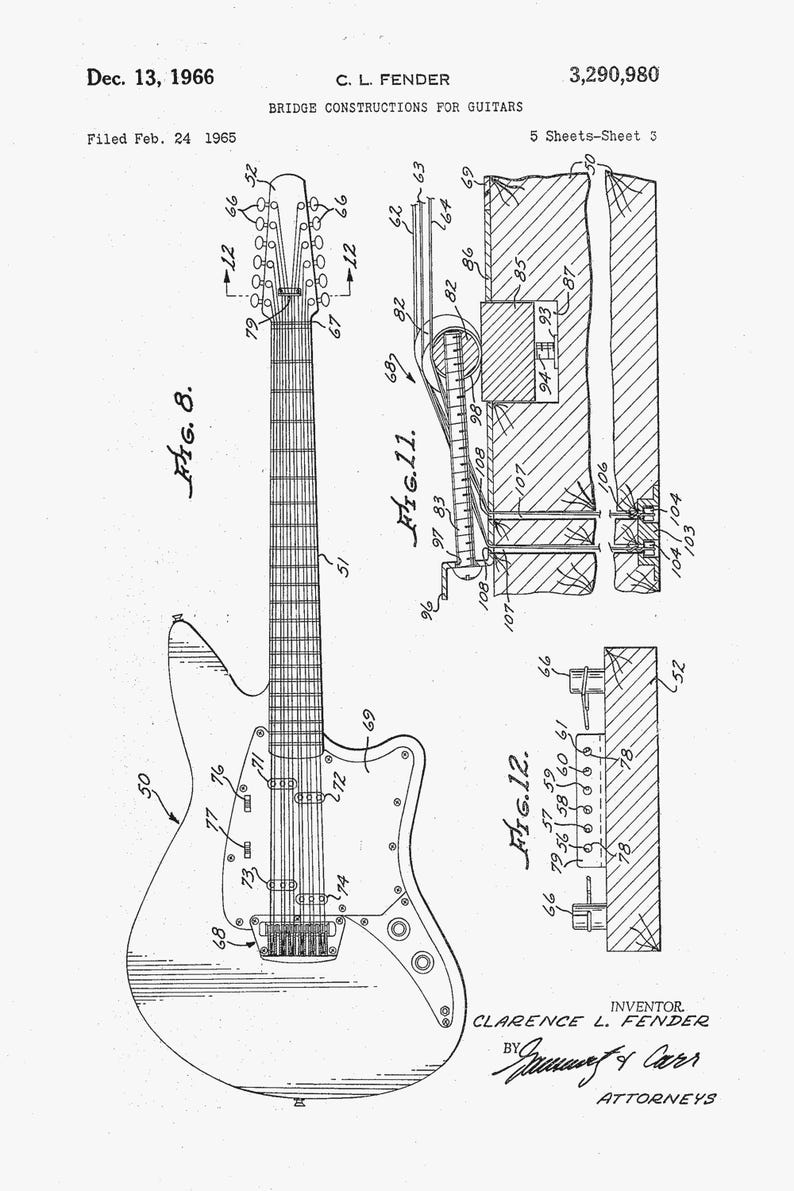 T-shirt with a vintage guitar blueprint patent drawing in a Fender-style diagram.