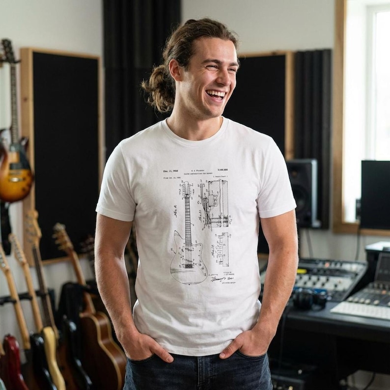 T-shirt with a vintage guitar blueprint patent drawing in a Fender-style diagram.