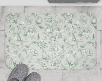 Alfombrilla de baño vintage con estampado floral Toile verde / Estampado botánico de enredaderas