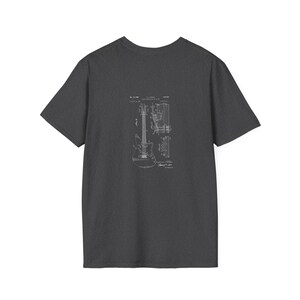 T-shirt with a vintage guitar blueprint patent drawing in a Fender-style diagram.