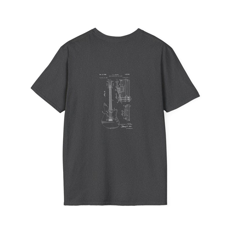 T-shirt with a vintage guitar blueprint patent drawing in a Fender-style diagram.