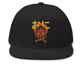 Bestickte Japanische Oni Mask Flat Bill Cap - Street Style Snapback