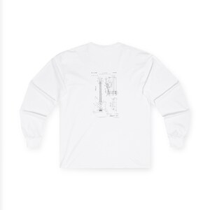 Unisex vintage guitar patent long sleeve tee with electric guitar blueprint in Fender-style patent art.