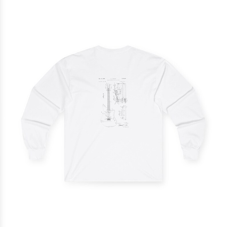 Unisex vintage guitar patent long sleeve tee with electric guitar blueprint in Fender-style patent art.