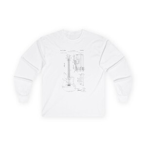 Unisex vintage guitar patent long sleeve tee with electric guitar blueprint in Fender-style patent art.