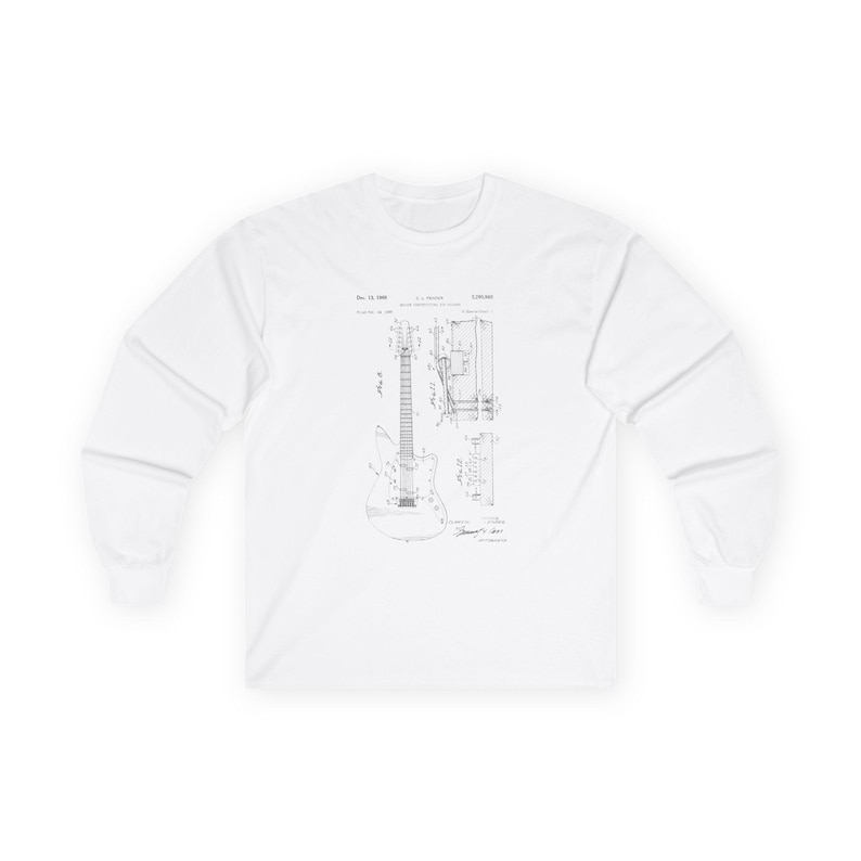 Unisex vintage guitar patent long sleeve tee with electric guitar blueprint in Fender-style patent art.
