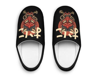 Pantuflas con máscara de demonio Oni, franela polar estampada, cómodas zapatillas de estar por casa