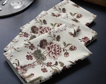 Servilletas de tela con estampado floral estilo chinoiserie, juego de 4 servilletas vintage francesas con motivos botánicos, ideales para la decoración de mesas rústicas.