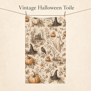May include: A rectangular fabric piece featuring a vintage Halloween toile pattern on a cream background. The design includes orange pumpkins, black witch hats, a white ghost, a black crow, and a haunted house, all connected by dark brown vines.