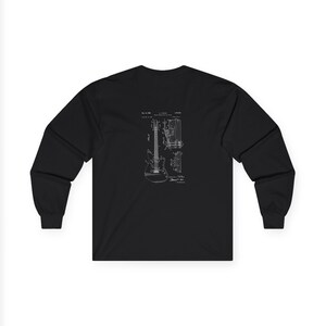 Unisex vintage guitar patent long sleeve tee with electric guitar blueprint in Fender-style patent art.