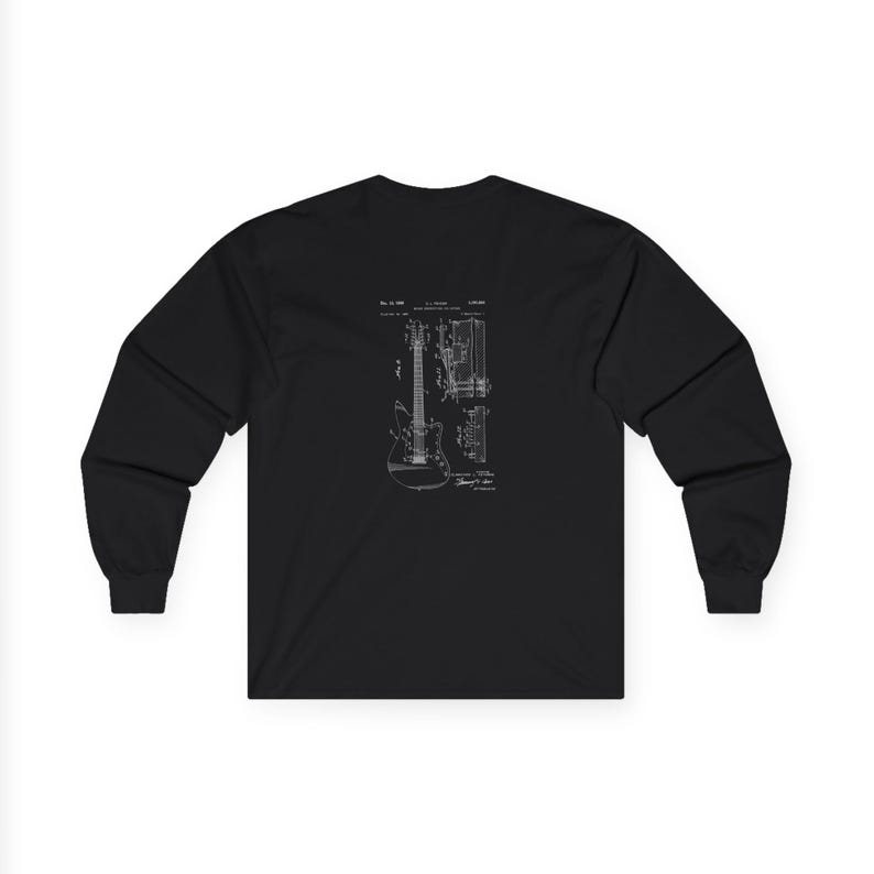 Unisex vintage guitar patent long sleeve tee with electric guitar blueprint in Fender-style patent art.