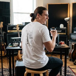 T-shirt with a vintage guitar blueprint patent drawing in a Fender-style diagram.