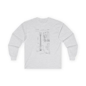 Unisex vintage guitar patent long sleeve tee with electric guitar blueprint in Fender-style patent art.