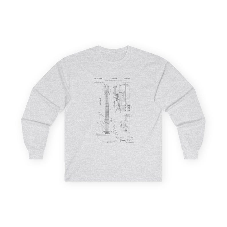 Unisex vintage guitar patent long sleeve tee with electric guitar blueprint in Fender-style patent art.