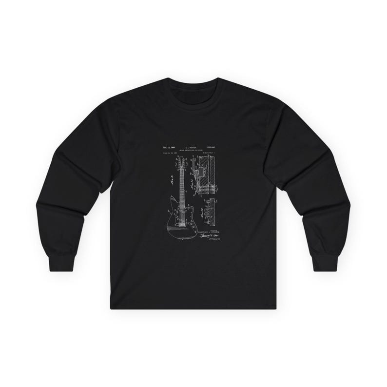 Unisex vintage guitar patent long sleeve tee with electric guitar blueprint in Fender-style patent art.