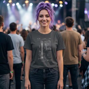 T-shirt with a vintage guitar blueprint patent drawing in a Fender-style diagram.