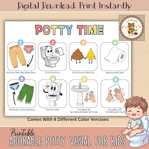 May include: A printable potty training visual aid for kids. The colorful chart features step-by-step instructions with illustrations, including pushing down pants, sitting on the potty, and washing hands. The text reads "Potty Time" and "Adorable Potty Visual for Kids."