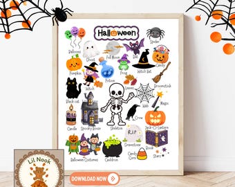 Halloween Vocabulary Chart: Printable Learning Poster, Classroom Homeschool Decor (PDF)
