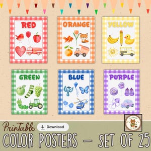 May include: Set of 6 color posters with a gingham border. Each poster features a different color: red, orange, yellow, green, blue, and purple. Each poster has illustrations of objects in that color. The text "Printable COLOR POSTERS - SET OF 25" is at the bottom.