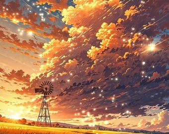 Magici campi di grano dorato e mulino a vento - File di download stampabile di Golden Sunset Anime Digital Art / Download di arte digitale ad alta risoluzione