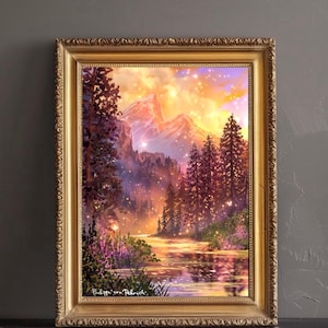 Sunset Fantasy Painting Colourful Mountains Landscape Magical FairyLight Glowing Illustration Fantasy Lake Wall Art Fairy Tale Aesthetic