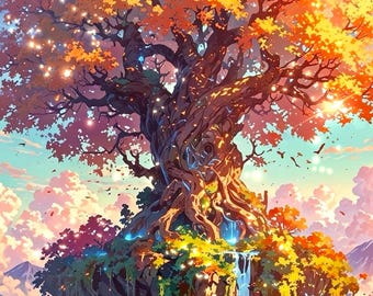 Albero colorato di fantasia autunnale - Mondo del paesaggio anime - File di download stampabile di arte digitale / Download di arte digitale ad alta risoluzione