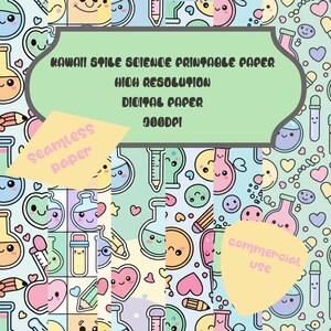 May include: A digital paper design featuring a repeating pattern of kawaii-style science-themed illustrations. The design includes smiling beakers, test tubes, hearts, and pencils in pastel colors. Text on the design reads "KAWAII STYLE SCIENCE PRINTABLE PAPER", "HIGH RESOLUTION", "DIGITAL PAPER", and "300DPI".