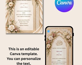 Islamic Wedding Invitation Canva Template | Floral Arch Barat Invite (Digital Download)