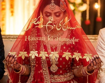Handmade Gold Embroidered Bridal Dupatta – Custom Pakistani Wedding Veil - Nikkah Odhni