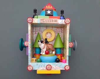 Dog Art Assemblage: Playtime Mixed Media Found Object Art
