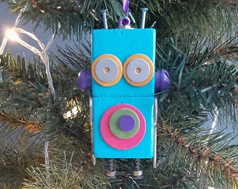 Robot Ornament - Circles Bot - Upcycled Ornament - Hanging Decor