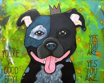I'm A Good Boy - Mixed Media Painting - Dog - Pitbull Art - Acrylic - Wall Art - Jen Hardwick