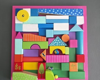 A Beautiful Day - Art Assemblage - Block Art - Mixed Media - Found Objects - Kids' Room Decor